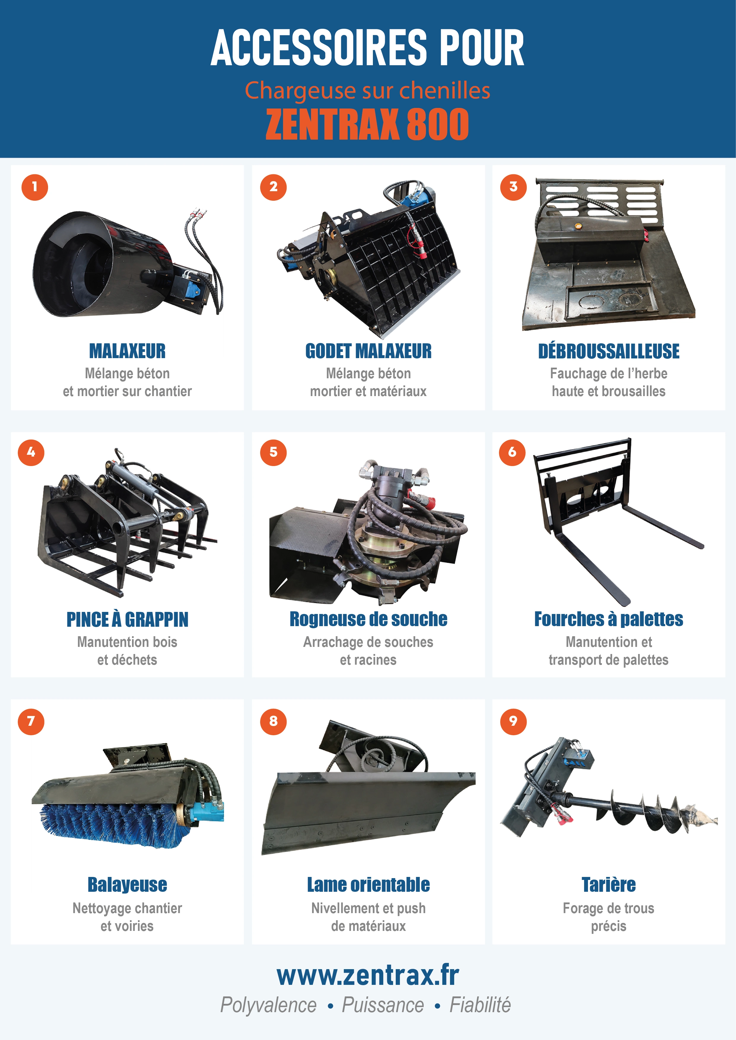 Accessoires pour le chargeur sur chenilles professionelle Zentrax 800