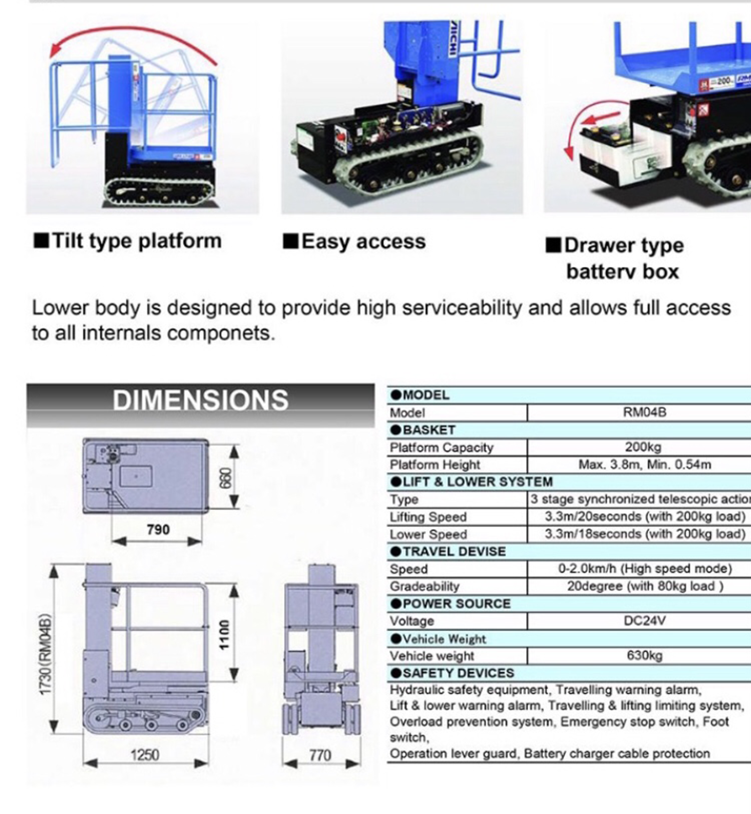 Informations sur la nacelle sur chenilles